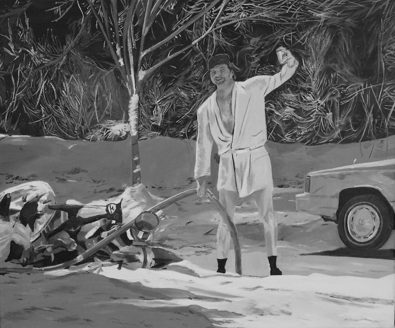 May include: A black and white painting depicting a figure wearing a bathrobe and a cap, standing outdoors while holding a hose. The scene includes a car parked to the right, a pile of debris on the left, and trees in the background.
