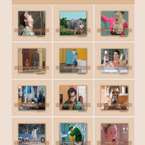 May include: A collection of twelve square art prints titled THE BATHROOM COLLECTION, featuring various painted scenes of characters in restrooms. Each print includes the text Hand-painted - Now Prints. The grid layout displays diverse cinematic moments.
