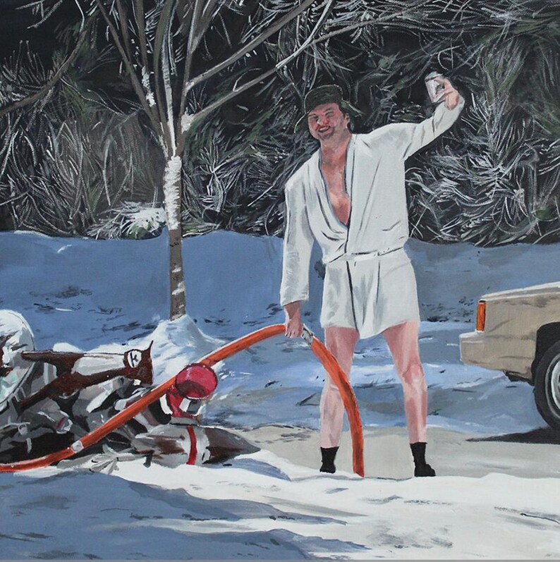 May include: A painting of a person wearing a white bathrobe and a dark hat, standing in a snowy outdoor setting. The person holds a silver can in one hand and an orange hose in the other, with a tan vehicle and a tree visible in the background.