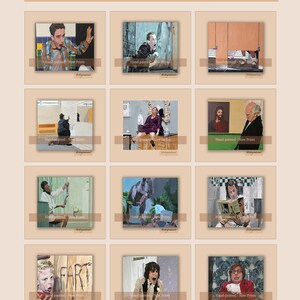 May include: A collection of twelve framed art prints titled THE BATHROOM COLLECTION, featuring various cinematic scenes set in restrooms. Each square print displays a unique hand-painted illustration of characters in bathroom settings with a light tan border.
