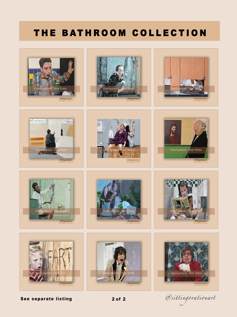 May include: A collection of twelve framed art prints titled THE BATHROOM COLLECTION, featuring various cinematic scenes set in restrooms. Each square print displays a unique hand-painted illustration of characters in bathroom settings with a light tan border.