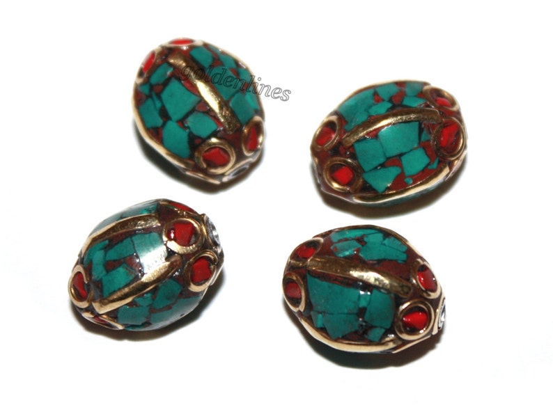 Nepalese Beads Tibetan Beads Nepal Beads Turquoise Beads Tibet beads B219 Brass Coral beads Handmade Beads 4 beads