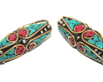 Turquoise beads coral Beads ( 2 beads) Nepalese Beads Tibetan Beads Tibet Beads Tribal beads brass beads country beads boho beads BDS131