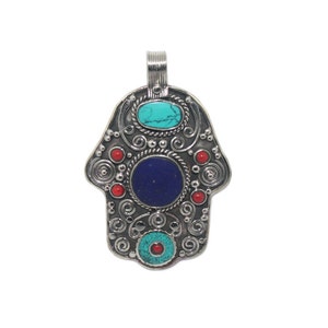 Hamsa pendant Coral pendant Lapis pendant Turquoise Pendant nepal Pendant Tibetan Pendant boho pendant  tribal pendant silver pendant PB202