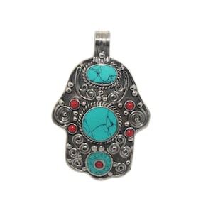 Hamsa pendant Turquoise pendant coral pendant nepal Pendant Tibetan Pendant boho pendant  tribal pendant silver pendant Boho necklace PB203