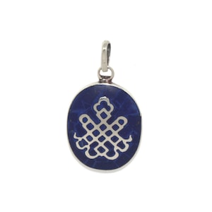May include: A silver pendant with a blue oval-shaped stone featuring a silver knot design.