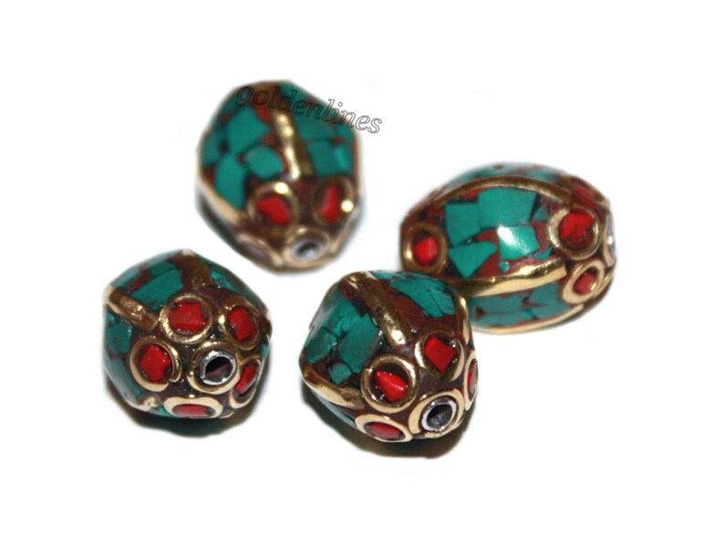 Nepalese Beads Tibetan Beads Nepal Beads Turquoise Beads Tibet beads B219 Brass Coral beads Handmade Beads 4 beads