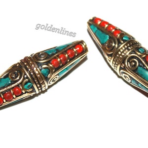 Brass Coral beads Turquoise Beads (2 beads) Nepalese Beads Tibetan Beads Nepal Beads Handmade Beads Tibet beads B205