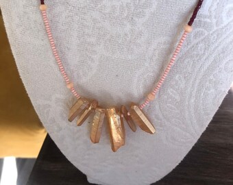 Peach Iridescent crystal and bead necklace