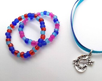 Saige Jewelry Set - Ribbon Necklace for 18" Dolls - Saige Inspired Painter Necklace & Beaded Bracelet Set - Stocking Stuffer