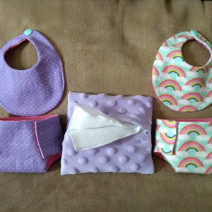 Baby Doll Diaper Set - Bibs, Diapers & Wipes Set -  Baby Doll Changing Set - Stocking Stuffer