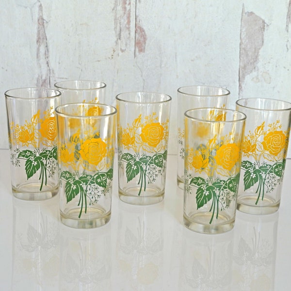 Vintage 1940s Federal Glass Yellow Rose Tumblers, 5", Set of 7 Glasses, Yellow and Green with Star Flowers, Collectible, Kitchen Glass