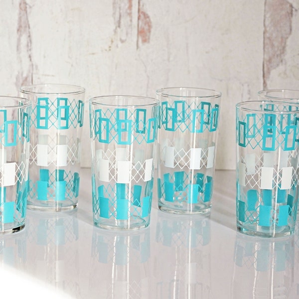Vintage 1950s Federal Glass Geometric Tumblers, Set of 6, 4 3/4", Turquoise & White Rectangles, Cross Hatch, Mid Century Barware, Glasses