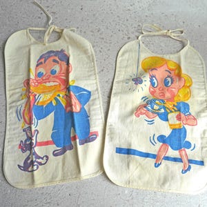 Vintage Mid-Century Canvas BBQ Bibs, Adult Size, Kitsch, Cartoon Images, Canvas Cloth, Imperfect, Retro Linens, Man & Hot Dog, Blondie