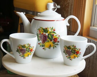 Vintage Bavarian White China Teapot and Teacups with Fruit Motif and Red Rim