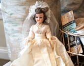 Vintage 1950s Nancy Ann Story Book Bride Doll, Brunette, with Taffeta Gown, Net Veil, Fabric Flower Wrist Corsage, Sleep Eyes, Painted Face