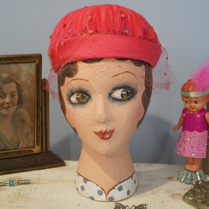 Vintage 1950s Hot Pink Pillbox Hat with Feathers Satin and Swiss Dot Net Bow and Sequins - Derby, Royal Wedding, Flapper, Doris Day Style!