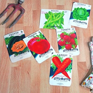 May include: A collection of vintage seed packets featuring illustrations of vegetables like tomatoes, carrots, and lettuce. A gardening fork and patterned gloves are also present, suggesting a gardening theme. The packets are arranged on a wooden surface.
