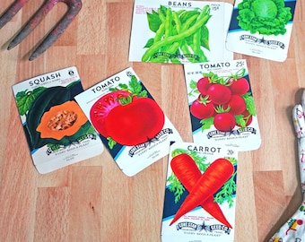 Vintage Set of 6 Unused Vegetable Seed Packs, Empty, Squash, Cherry, Earliana Tomatoes, Carrots, Lettuce, Beans, Garden Ephemera, Display