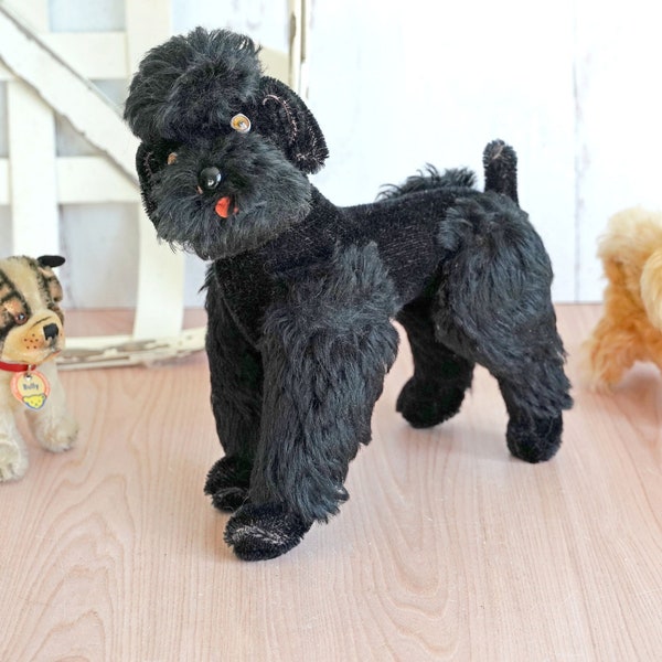 Vintage Steiff Black Standard Poodle, 9", Mohair, Jointed and Poseable, Rotating Head, Glass Eyes, Red Felt Tongue, Made in Germany, Toy Dog