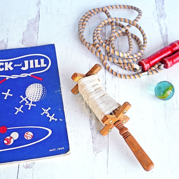 Vintage Lot of Spring Toys, Wooden Kite String Spool, Cloth Jump Rope, Red Wood Handles, 1946 Jack & Jill Magazine, Large Cat's Eye Marble