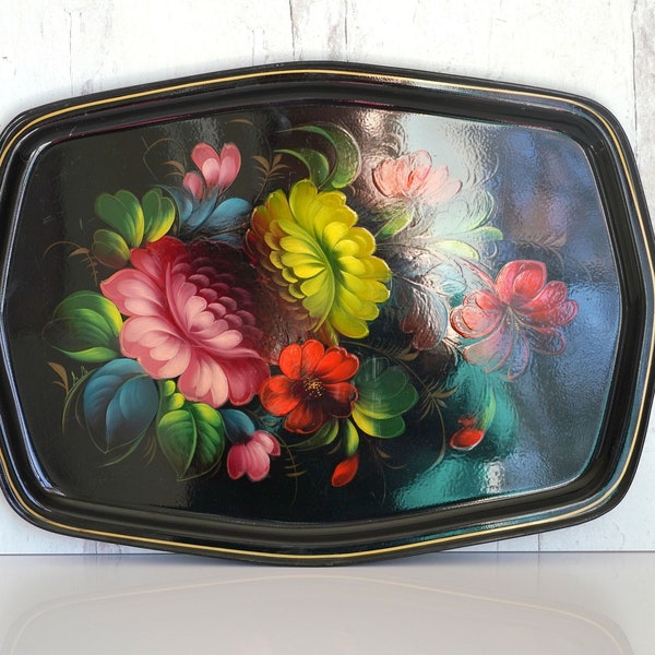 Vintage 1960s Signed Zhostovo Hand-Painted Black Metal Tray with Bright Flowers, 17 1/2" x 12 1/2", Laquered, Visible Brush-Strokes, USSR