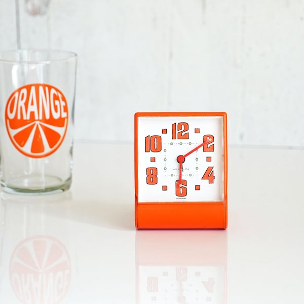 Vintage Mid Century Westclox Orange Acrylic, Square, Folding Travel Alarm Clock, Luminous Dots, 2 1/2", Working, Germany, 60s Decor, Travel