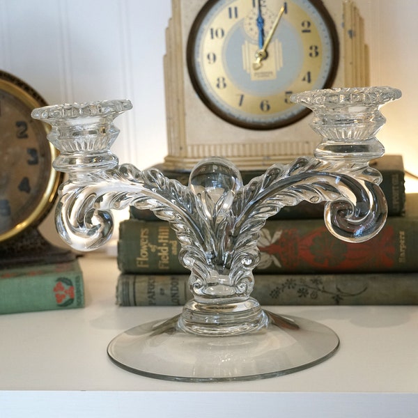 Vintage 1930s Cambridge Martha Art Deco 2 Light Candlestick - Clear Depression Glass