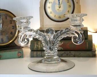 Vintage 1930s Cambridge Martha Art Deco 2 Light Candlestick - Clear Depression Glass