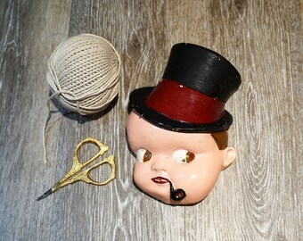 Vintage 1940s Chalkware Plaster Baby with Top Hat and Pipe String Holder for Baker's Twine, Kitsch Kitchen Decor, Wall Hanging