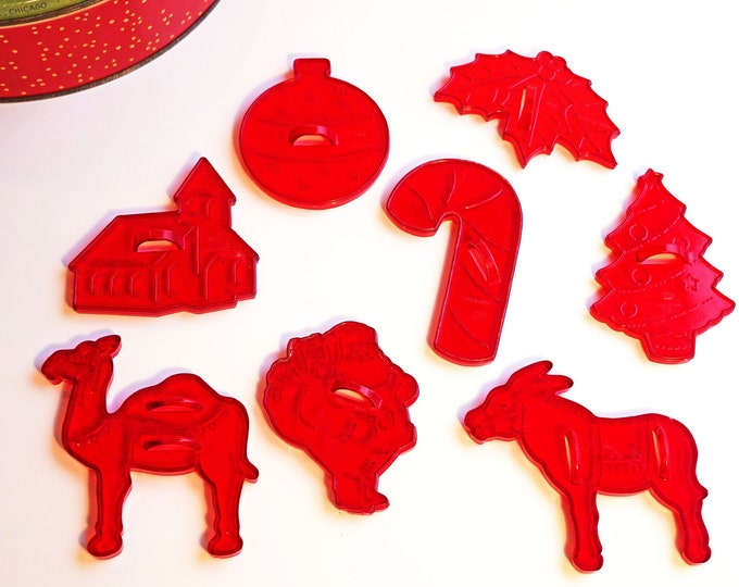 Vintage HRM Red Plastic Christmas Cookie Cutters, Set of 7, Santa, Tree, Ball, Candy Cane 