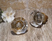 Antique 1920s-1930s Octagon Shaped Glass Door Knob Pair with Brass Base, 2 1 4 quot