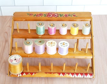 Vintage Rustic Hand-Nailed Sewing Thread Spool Holder, with Flower Decal, and Partial Measuring Tape, Plus 10 Spools of Lily, Various Thread