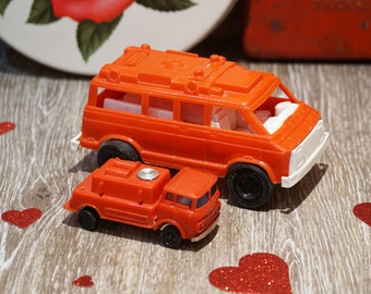 Vintage 1960s Strombecker Red Rescue Van, 70s Zee Toys Fire Truck, Red and White Valentine's Day Decor, Collectible Toy Trucks, Toys