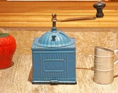 Vintage 1930s - 1940s Elma Blue Tin Coffee Grinder, with Bottom Opening Drawer, Cast Iron Handle, Rustic, Farmhouse Kitchen Decor