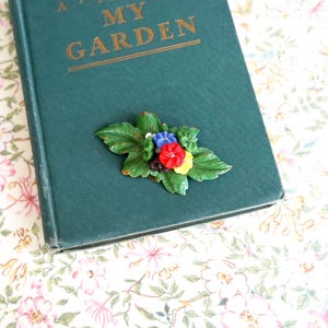 Vintage 1930s-40s Pot Metal Floral Brooch, Painted Green Metal Leaves, Multi-Color Celluloid Flowers,  Beads, Fashion, Accessories