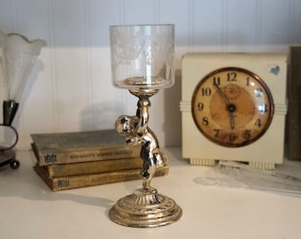 Antique Pairpoint Mt. Washington Art Nouveau Cherub Silver Plate Cherub and Etched Glass Cigarette Holder Signed 4970