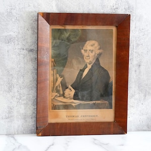 Antique 1840s Framed Litho of Third President Thomas Jefferson, From Currier 2 Spruce Street, Hand-Colored, Rustic Wood Frame, Hand-Nailed