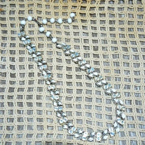 Vintage 1950s Coro Silver and White Double Row Enamel Leaf Necklace with Milky Paste Rhinestones