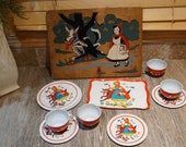 Vintage 1950s Complete Tin Litho Little Red Riding Hood Tea Set (13 pieces) Plus 1940s Wood Little Red Riding Hood Puzzle (For Display Only)