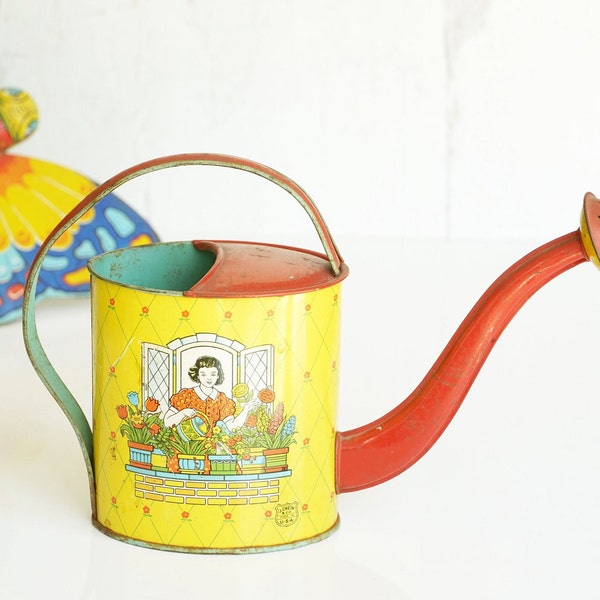 Vintage 1940s J Chein Tin Toy Watering Can Red and Yellow, Woman Watering Window Garden, Art Deco, 10 1/2" x 7", Water-Tight, Garden Gifts