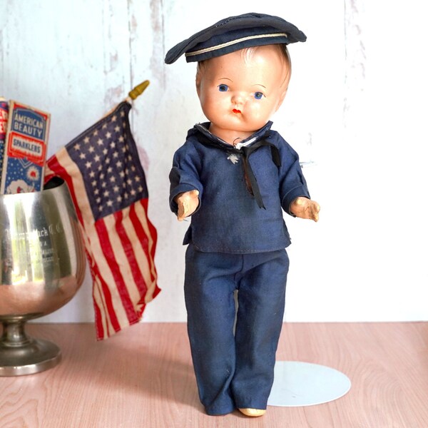 Antique WWI Era Composition Doll, 13", Hand-Sewn US Navy Uniform, Painted Face, Molded Hair, Strung Arms, Legs, Patriotic, Collectible Dolls