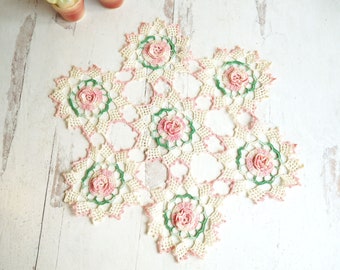 Vintage Hand-Crocheted Pink Rose Doily, 14", Green Variegated Thread Leaves, 7 Roses, Vintage linens, Spring, Summer Cottage Decor