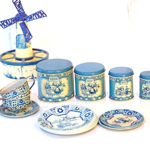 Vintage 1940s Wolverine Blue & White Dutch Children Tin Litho Toy Kitchen Collection, Canister Set, Plastic Holland Flowers Windmill Pot