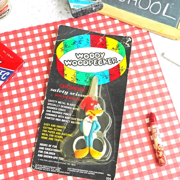 Vintage 1978 NOS Woody Woodpecker Safety Scissors, School Supplies, Back to School, Cartoon Character Collectibles, Plastic Grip, Rounded