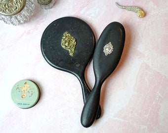 Vintage 1930s Art Deco Black Silver Vanity Set Brush Mirror  display picture 3