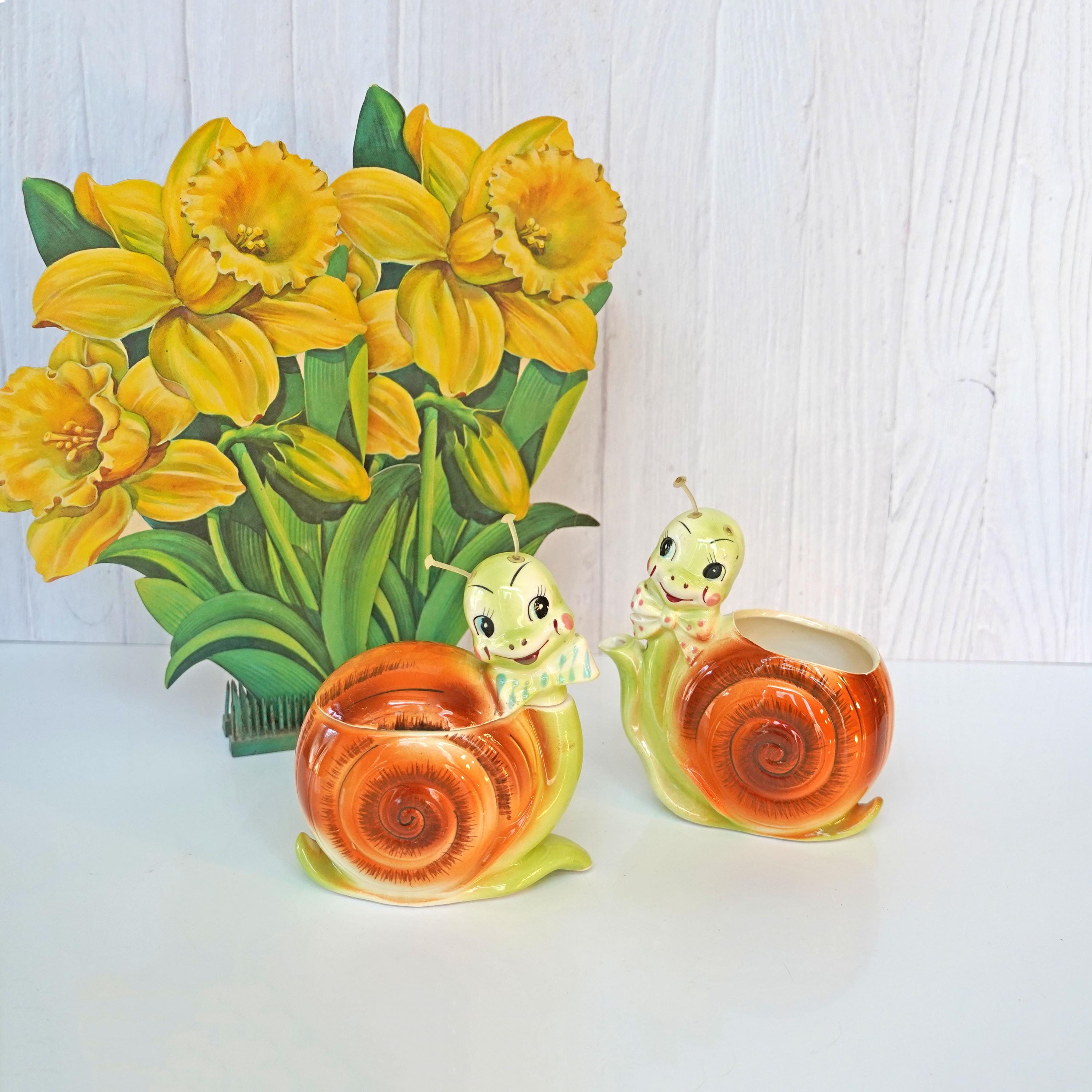Vintage 1950s Enesco Snappy the Snail Cream Pitcher and Sugar Bowl