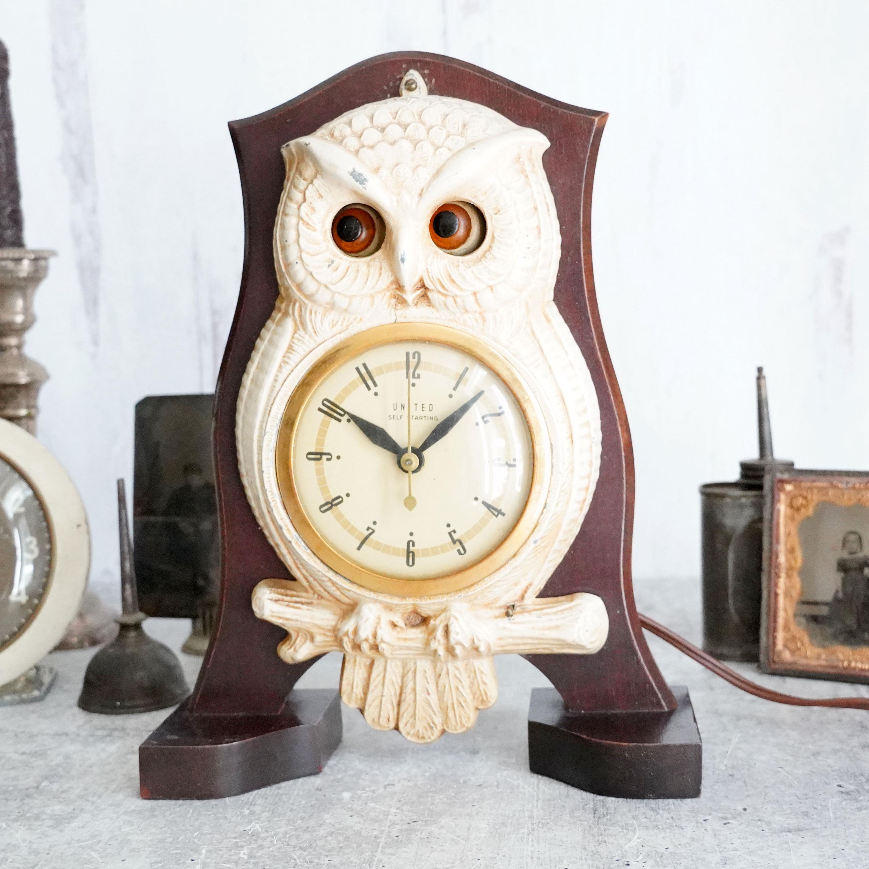 Vintage United Clock Corporation Self-Starting Owl Mantle Clock, Moving Eyes, No 2140-365, Electric,