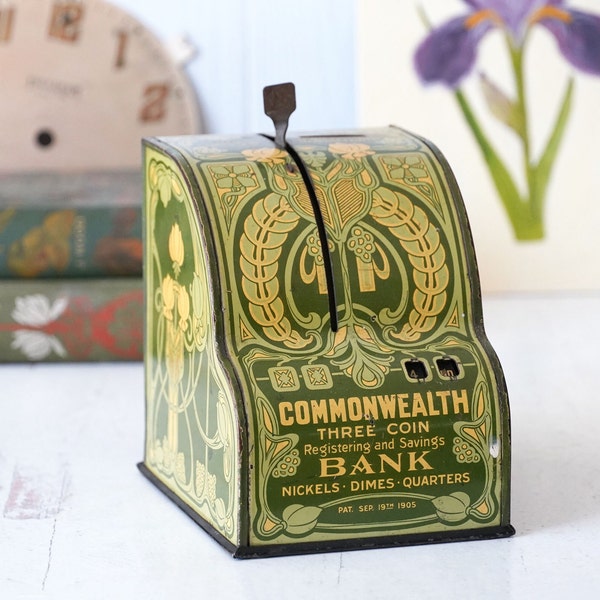 Antique 1905 Art Nouveau Commonwealth Three Coin Bank, Tin Litho Cash Register Design, Displays Total, Quarters, Dimes, Nickels, Chas. Shonk