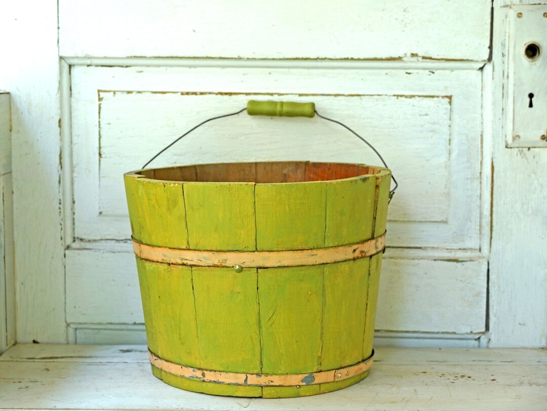 Vintage Rustic Painted Wood Sap Bucket, Sage Green, Ivory Metal Bands